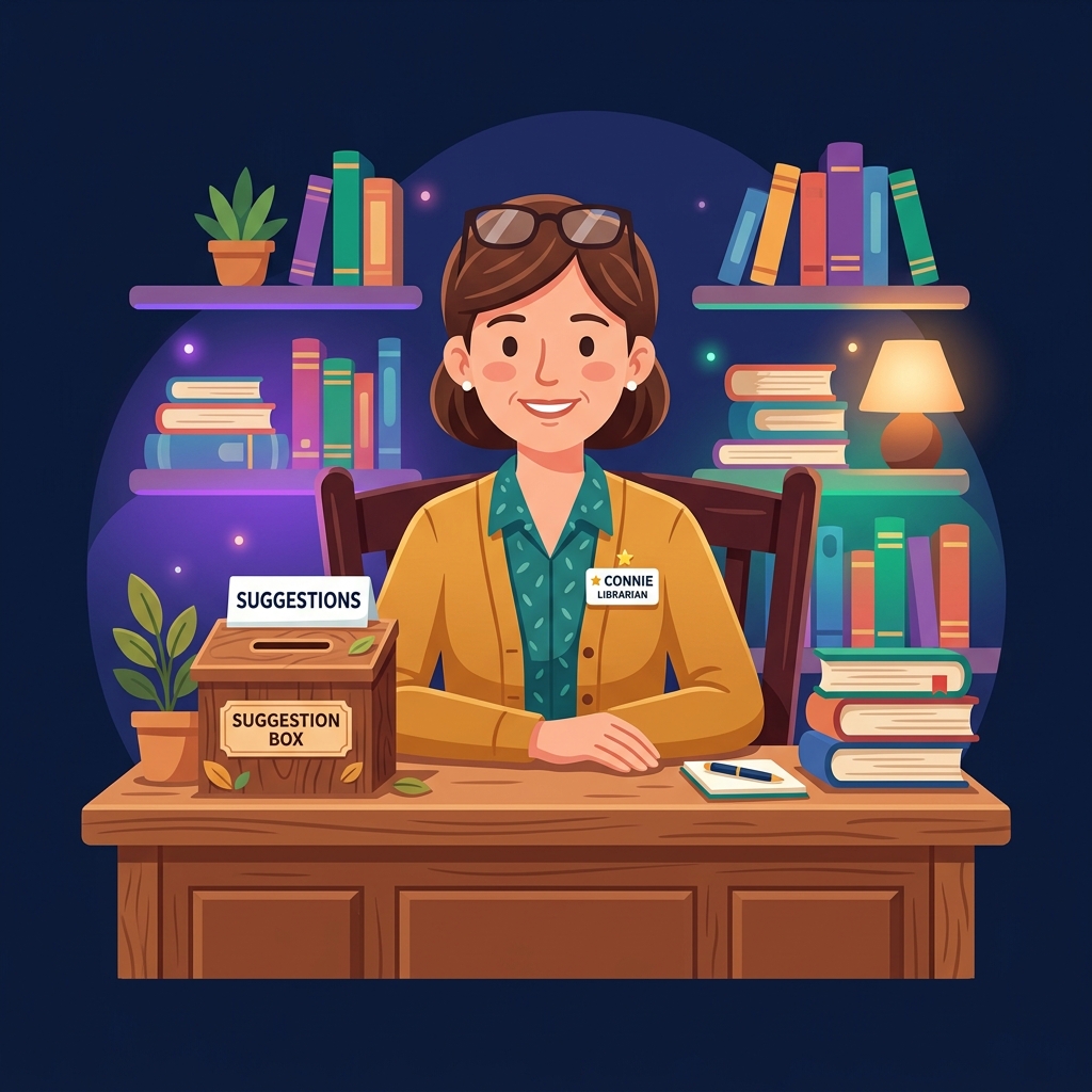 Connie at her library desk with a suggestion box