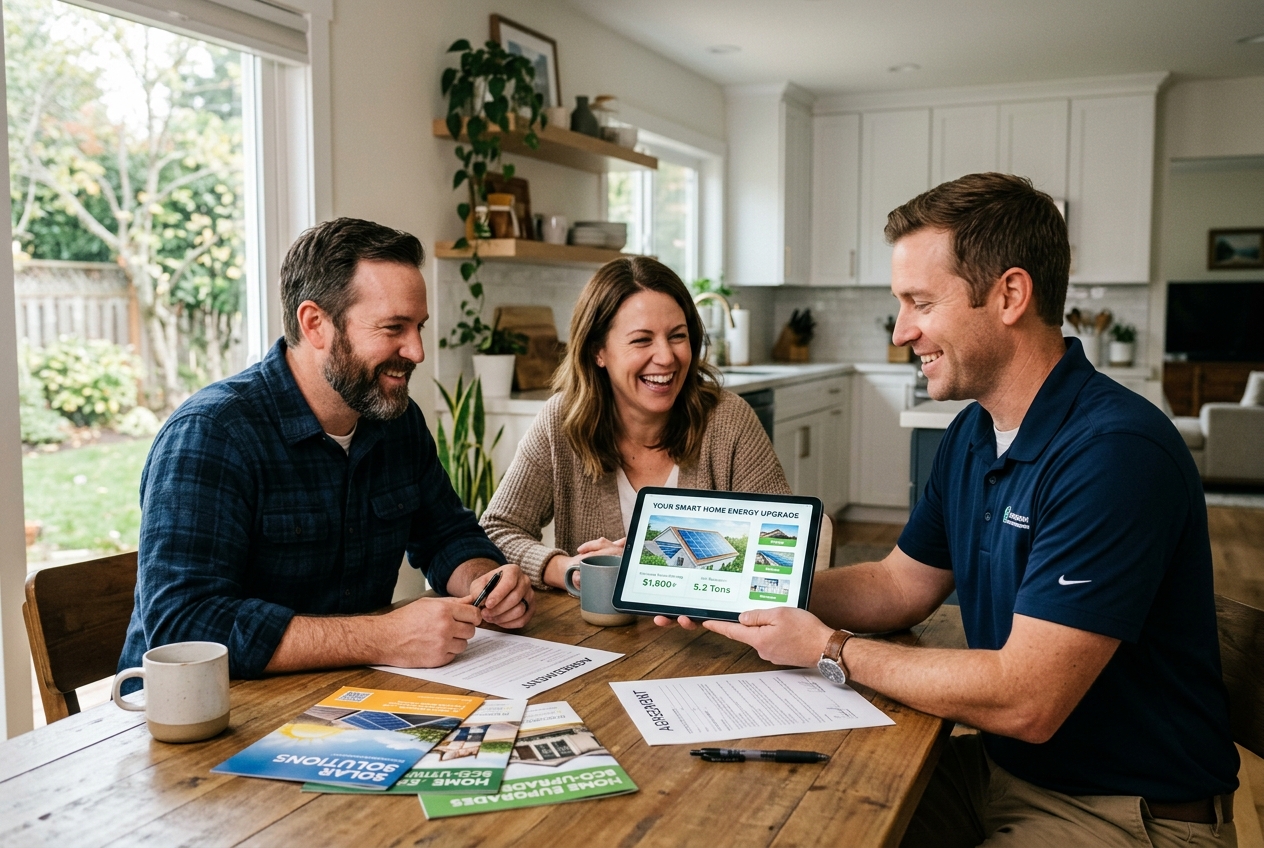 Indeed alternative for in-home sales jobs — a Salesman Connect closer shaking hands with homeowners at the kitchen table after a one-call close